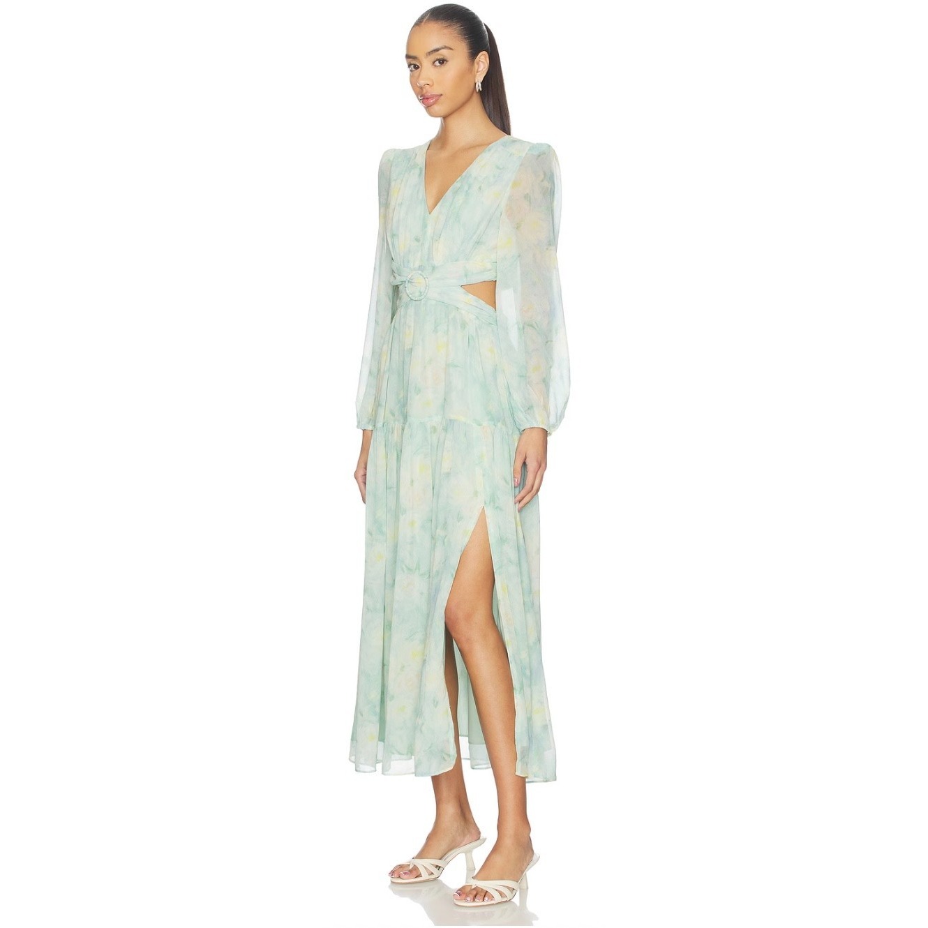 Astr The Label Klarissa Dress Size Small Seafoam Flora Midi Ong Sleeve Nwot $188